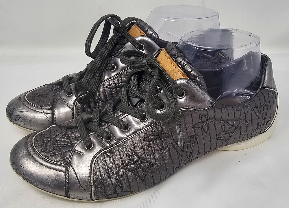 Louis Vuitton Silver Metallic Monogram Tennis Stitch Sneakers Sz EU 36.5 US 6.5 - Picture 1 of 15